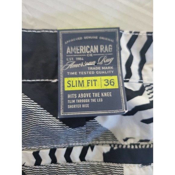 American Rag Men Black White Geometric Print Zip Closure Pockets Swim Trunks 36 - Picture 7 of 12
